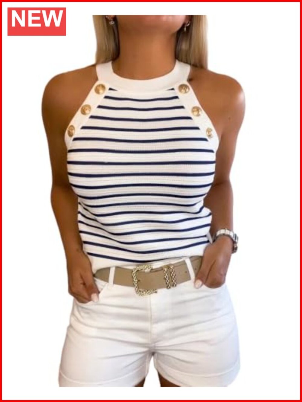 Knit High Neck Striped Tank Top Gold Button Sleeveless Summer Top